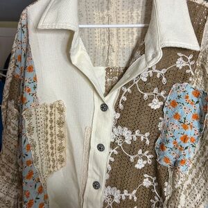 POL Floral Patchwork Button-Up Shirt Boho Oversized